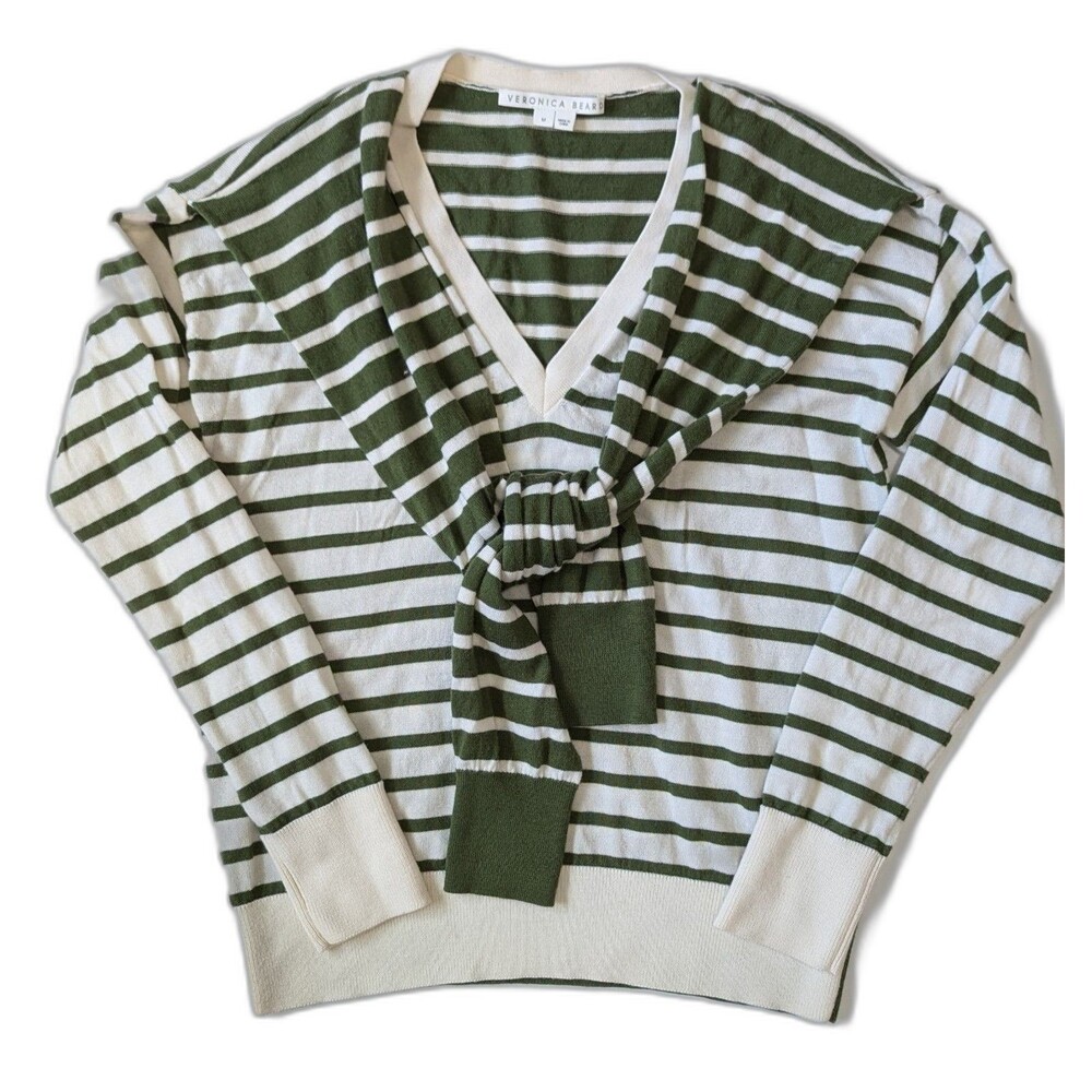 Veronica Beard Leni Striped Twofer Tie Sweater Cream Green Merino Wool Medium